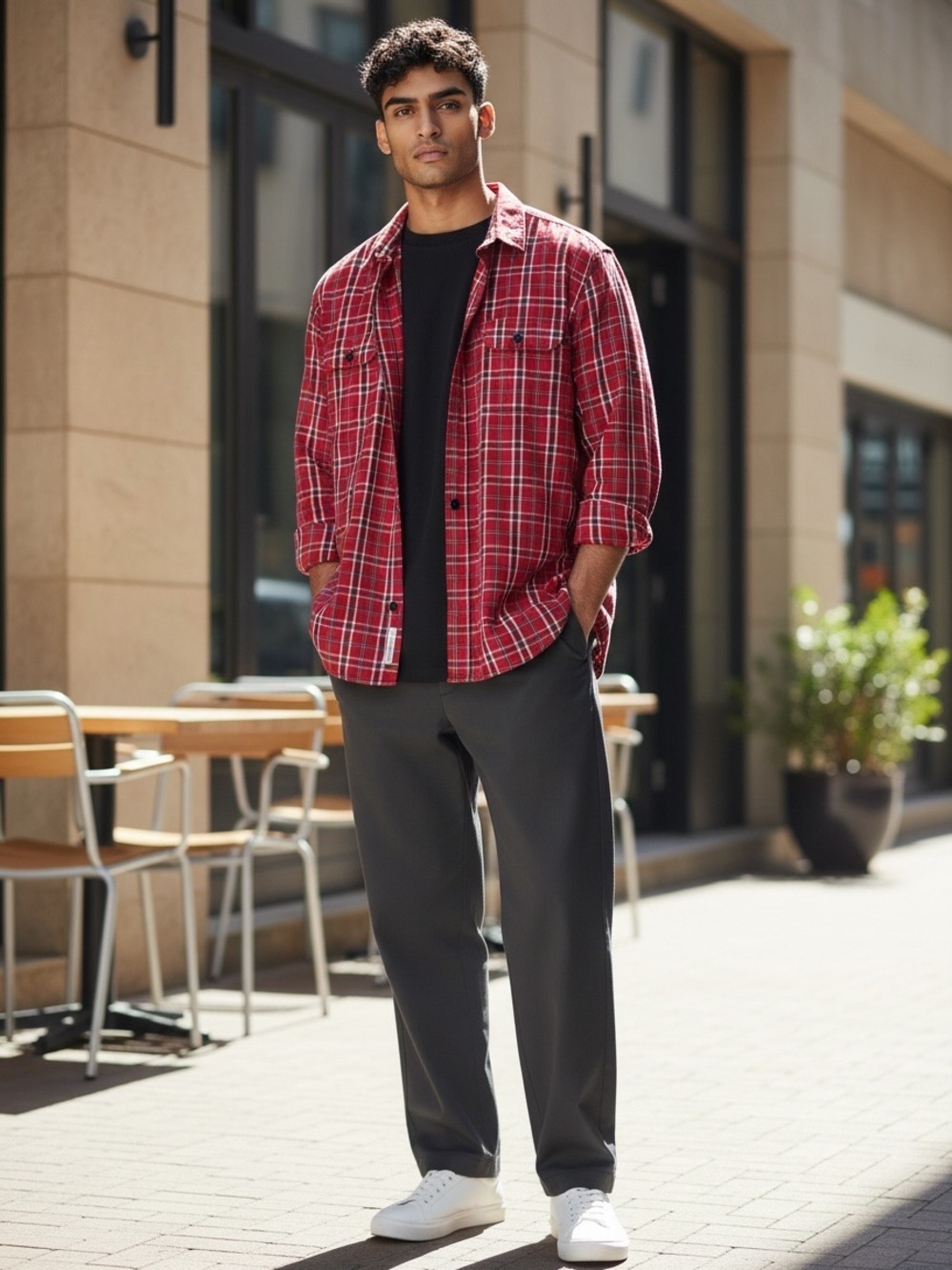 Express Red and White Plaid Men's Shirt